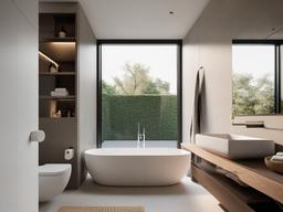 Minimalist bathroom includes simple fixtures, a neutral color palette, and ample natural light, promoting a serene and uncluttered atmosphere.  