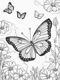 Butterfly and Sun Coloring Pages - Sunny Day with Butterflies Flying  minimal black outline printable sheet, coloring page