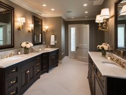 A master bathroom with American Colonial interior design incorporates a vintage double vanity, ornate mirrors, and soft lighting that transform the space into a luxurious and timeless retreat.  