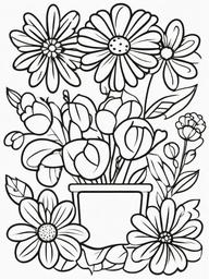 Kawaii Flower Coloring Pages - Cute Flowers with Cheerful Faces  minimal black outline printable sheet, coloring page