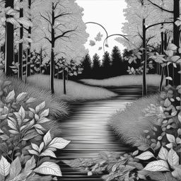 leaf clipart black and white in an autumn forest - showcasing intricate details. 