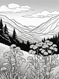 Yarrow coloring page sheet - Yarrow flowers dotting a hillside under the bright sun.  black outline printable coloring page