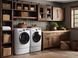 A utility room designed with rustic interior design includes rustic storage solutions, natural decor, and an organized layout that makes chores feel manageable and appealing.  