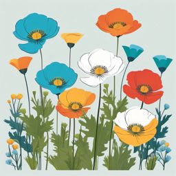 Tundra Arctic Poppy Clip Art - Vibrant Arctic poppies in the tundra,  color vector clipart, minimal style