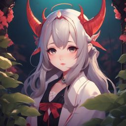 Adorable demon character in a charming underworld.  front facing ,centered portrait shot, cute anime color style, pfp, full face visible