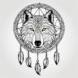 Wolf Dream Catcher Tattoo - Tattoo combining a dream catcher with wolf motifs.  simple vector tattoo,minimalist,white background