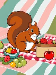 Squirrel clipart - cute squirrel on a picnic blanket with food  color,minimalist,vector clipart