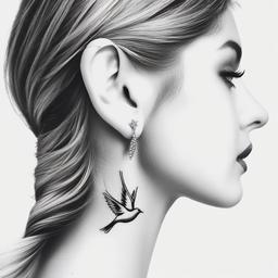 Dove Behind Ear Tattoo-Delightful and subtle tattoo featuring a dove behind the ear, perfect for those who appreciate small and elegant designs.  simple color tattoo,white background