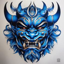 Blue Oni Mask Tattoo-Creative and stylish tattoo featuring a blue Oni mask, capturing a sense of uniqueness and cultural aesthetics.  simple color tattoo,white background