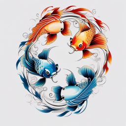 2 Koi Fish Tattoo,a tattoo showcasing two graceful koi fish, representing partnership, unity, and determination. , color tattoo design, white clean background