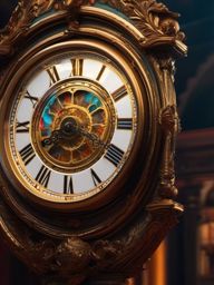 Antique Clock - An antique clock with ornate details and Roman numerals hyperrealistic, intricately detailed, color depth,splash art, concept art, mid shot, sharp focus, dramatic, 2/3 face angle, side light, colorful background