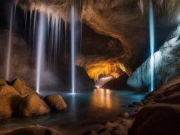 grutas de cacahuamilpa - paint the mesmerizing night atmosphere of grutas de cacahuamilpa, a massive cave system with stalactites and underground rivers. 