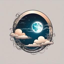 Moon Clouds Tattoo-Dreamy and artistic tattoo featuring a moon surrounded by clouds, capturing a sense of tranquility and beauty.  simple color vector tattoo