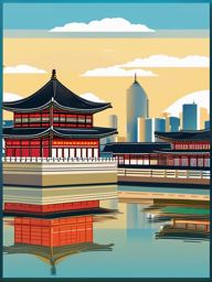 Seoul clipart - Gyeongbokgung Palace and Seoul skyline,  color vector clipart