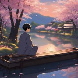 In a serene haven adorned with cherry blossoms, an anime boy contemplates the meaning of life, weaving philosophical reflections into the narrative.  1990s anime style