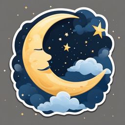 Moon with Stars and Clouds Sticker - Crescent moon amidst stars and clouds, ,vector color sticker art,minimal