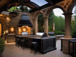 In the outdoor kitchen, Gothic interior design showcases wrought iron details, dark stone surfaces, and ambient lighting that enhances outdoor cooking and entertaining experiences.  