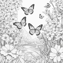 spring coloring pages - spring flowers bloom in a peaceful garden filled with butterflies. 