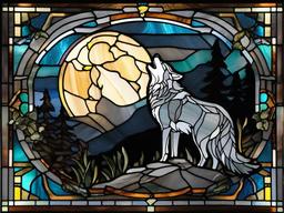 Stained Glass Wolf - Gray wolf howling at moon  