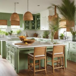 tropical-themed kitchen with bamboo accents and palm tree decor. 