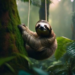 Cute Sloth Hanging Lazily in a Misty Cloud Forest 8k, cinematic, vivid colors