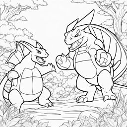 pokemon coloring pages - charizard and blastoise engage in an epic battle of elements. 