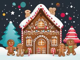 Gingerbread House clipart - gingerbread house surrounded by happy characters  color,minimalist,vector clipart