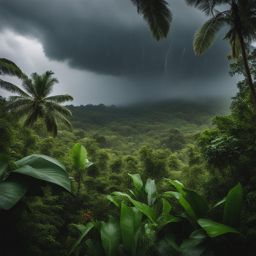 tropical rainstorm, experiencing a torrential downpour in a lush tropical rainforest. 