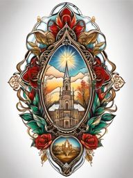 Catholic pilgrimage scene tattoo: Spiritual journey to sacred destinations.  color tattoo style, white background