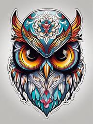 Candy Skull Owl Tattoo - Infuse whimsy and mystique with a candy skull and owl-themed tattoo.  simple color tattoo,vector style,white background