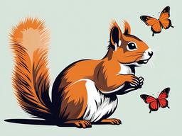 Squirrel clipart - squirrel looking curiously at a butterfly  color,minimalist,vector clipart