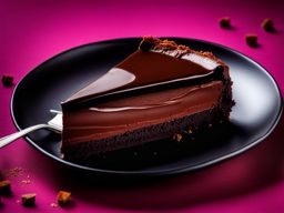 slice of decadent dark chocolate torte, with layers of intense chocolate ganache. 