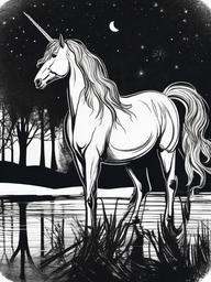 drawing of a unicorn by a sparkling lake  minimal rough sketch scribbles,doodles,black and white