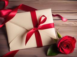 Valentines Day background - Handwritten love letter with a rose and red ribbon on a table  