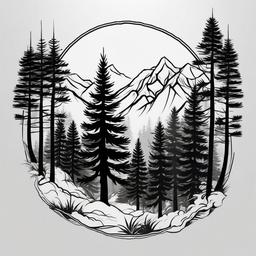 pine tree forest tattoo  simple color tattoo,white background