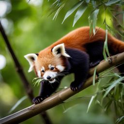 tiny red panda cub, perched on a branch and nibbling on bamboo leaves. 