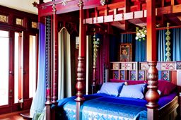 medieval castle bedroom with towering four-poster beds and heraldic tapestries. 