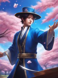 blue archive,student magicians,competing in a friendly magic duel tournament,a beautiful arena surrounded by cherry blossoms hyperrealistic, intricately detailed, color depth,splash art, concept art, mid shot, sharp focus, dramatic, 2/3 face angle, side light, colorful background