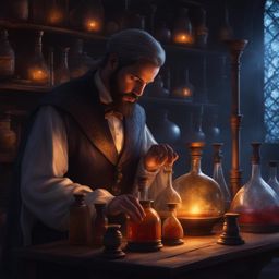 enigmatic alchemist mixing arcane potions in a dimly lit laboratory filled with secrets. 