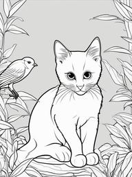 Kitty and Bird Coloring Pages - Curious Kitten Watching a Bird  minimal black outline printable sheet, coloring page