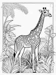 Giraffe Coloring Pages - Giraffe in a jungle filled with exotic plants  simple coloring pages