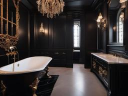 A bathroom with Gothic interior design incorporates deep hues, ornate fixtures, and dramatic lighting that create a luxurious sanctuary reminiscent of a grand castle.  