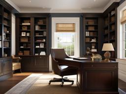 The home office exemplifies American Colonial interior design, featuring a sturdy wooden desk, a classic chair, and built-in shelves that create an organized and inspiring workspace.  