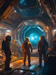 Group of space explorers encounters derelict spaceship with haunted AI. hyperrealistic, intricately detailed, color depth,splash art, concept art, mid shot, sharp focus, dramatic, 2/3 face angle, side light, colorful background