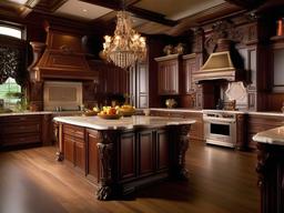 Baroque kitchen embraces rich colors, ornate cabinetry, and luxurious finishes that create a dramatic and sophisticated cooking atmosphere.  