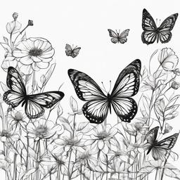 drawing of butterflies in a flower garden  minimal rough sketch scribbles,doodles,black and white