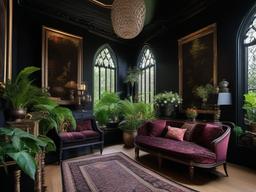 The garden room showcases Gothic interior design with dark, rich tones, intricate patterns, and an eclectic mix of plants that bring a sense of enchantment to indoor gardening.  