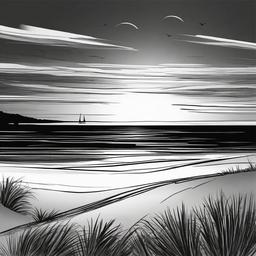 drawing of a beach sunset  minimal rough sketch scribbles,doodles,black and white