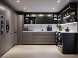 A utility room designed with futuristic interior design includes efficient storage solutions, smart appliances, and a clean, modern look that makes chores feel stylish and manageable.  