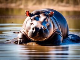 chubby baby hippo, lounging in a muddy waterhole. 